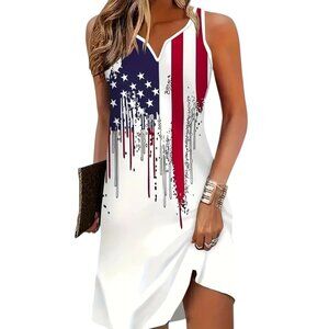 NEW Women's Casual Sleeveless V-Neck Dress - Patriotic Flag-Inspired Medium